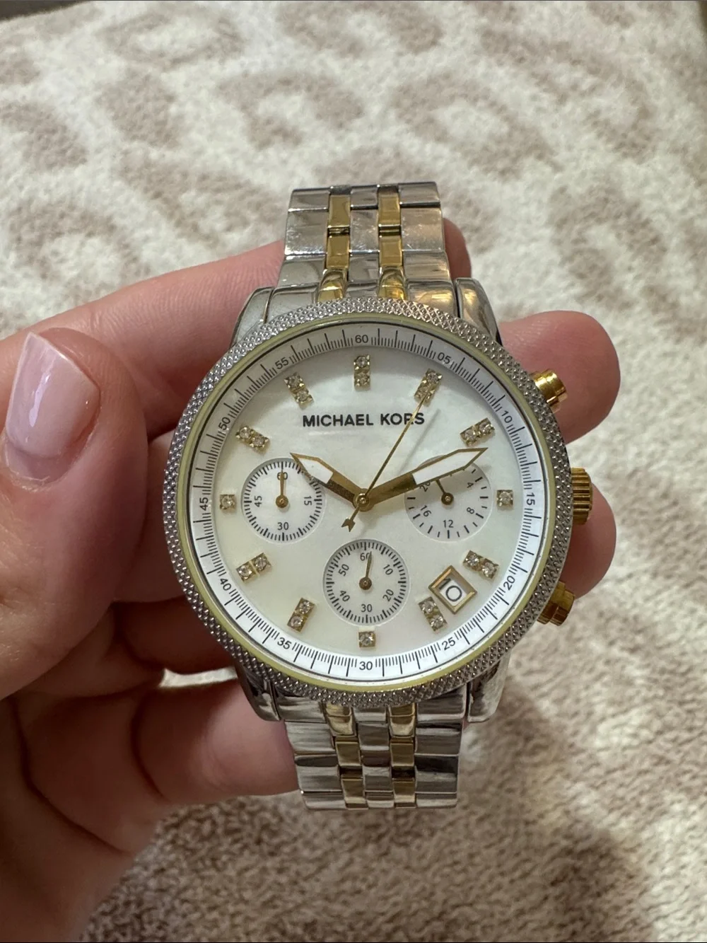 Michael Kors Two-Tone Gold and Silver Men’s Chronograph Watch with White Dial